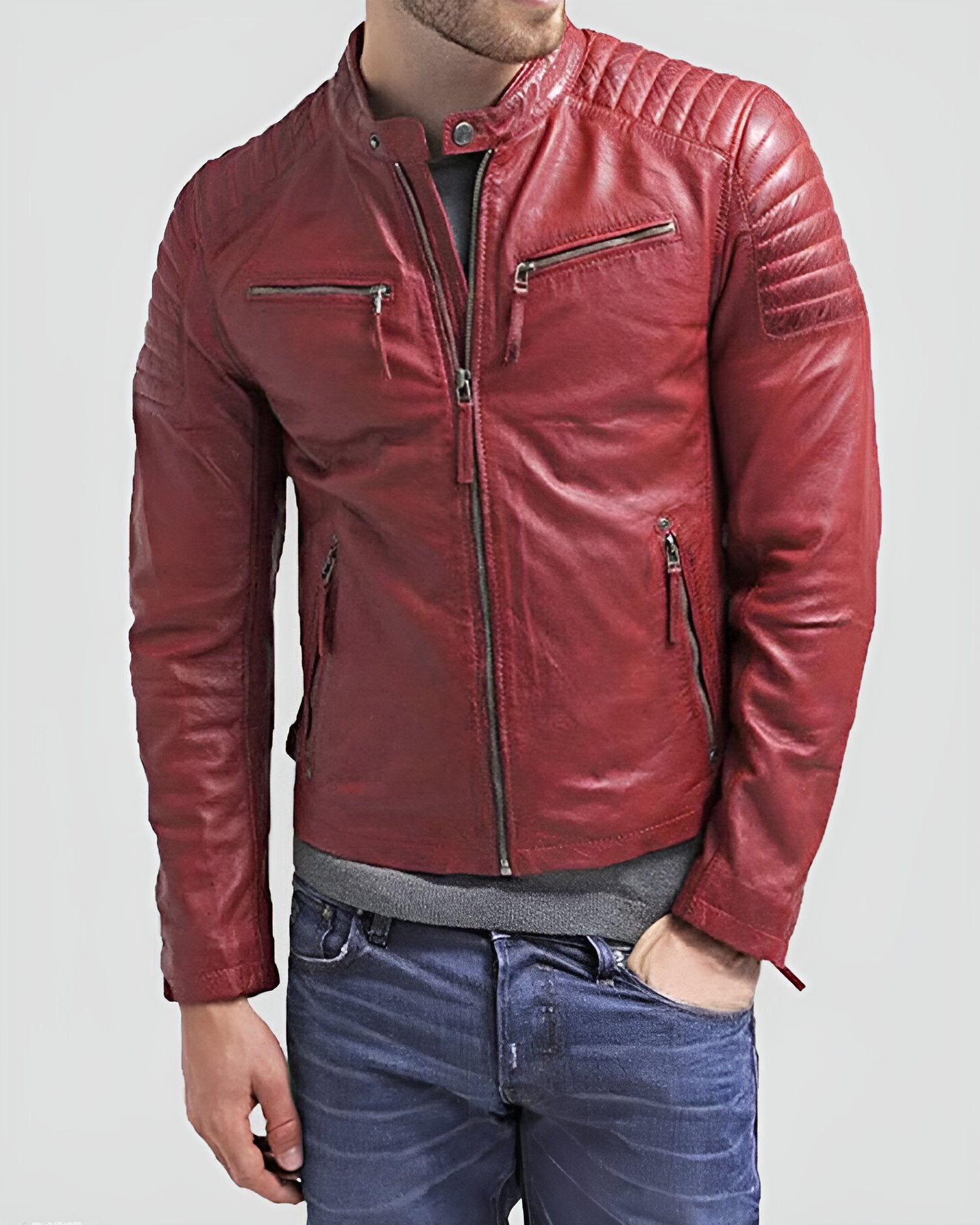 Mens Off White Red Leather Jacket